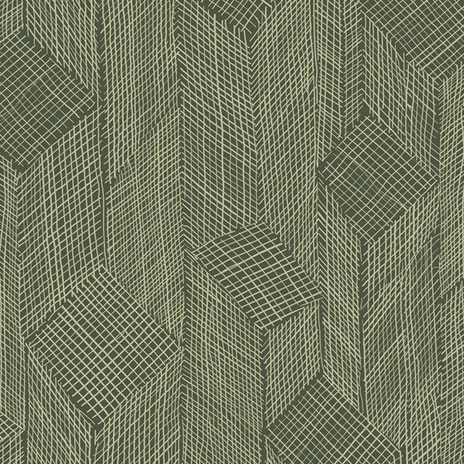 Geometrisch patroon van het Arte Shibam 66014 behang met driedimensionale blokstructuren in groen en beige.