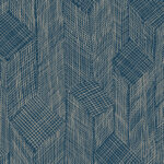 Geometrisch behangpatroon van Arte Shibam S66010 met een abstracte torenstructuur in blauw en beige lijnen.