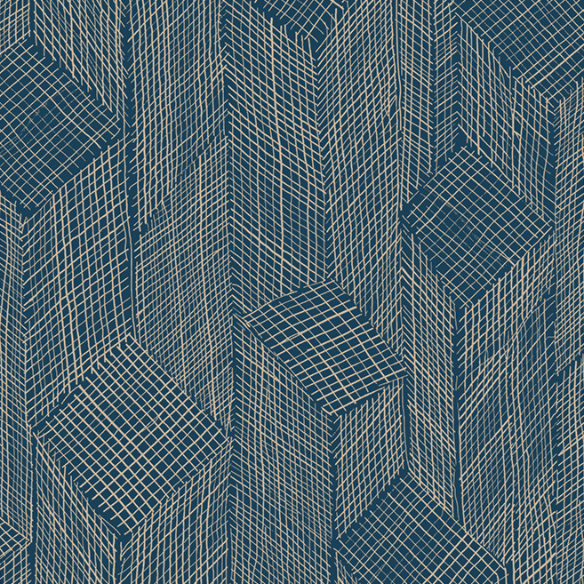 Geometrisch behangpatroon van Arte Shibam S66010 met een abstracte torenstructuur in blauw en beige lijnen.
