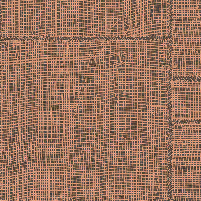 Oranje-bruin Arte behang Twine 66064 met een geweven rasterpatroon in textielstructuur.