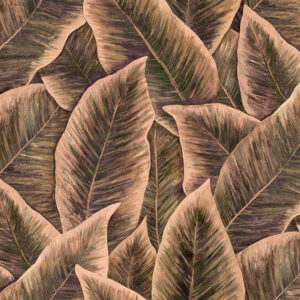 Artistiek behangpatroon genaamd "Bird of Paradise 97570" met grote, overlappende tropische bladeren in aardetinten.