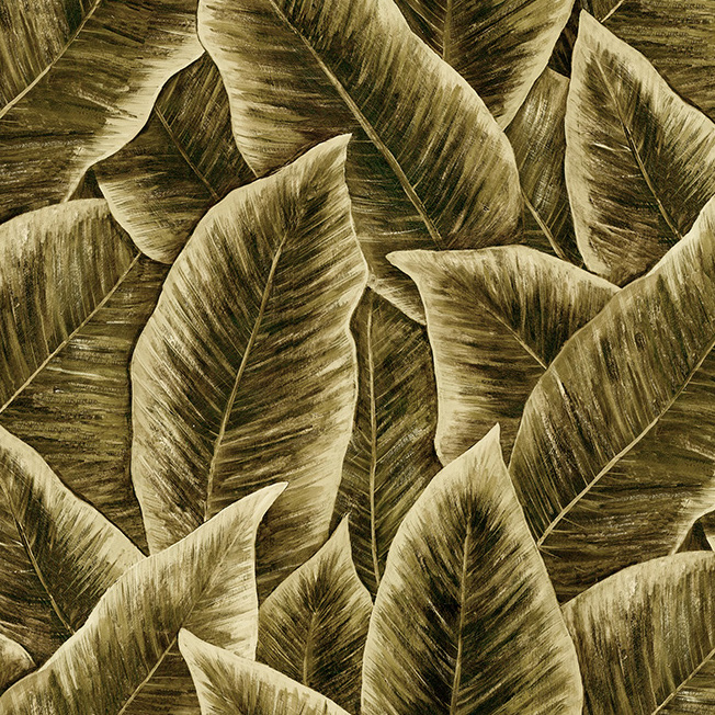 Behangpatroon uit de Arte Bird of Paradise-collectie met grote, overlappende tropische bladeren in natuurlijke tinten.
