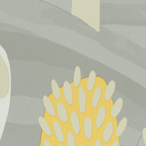 Abstract patroon van het Elitis-behang 'Balade en Toscane TP 321 01' met gele en grijze organische vormen.