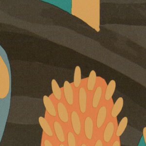 Abstract patroon op Elitis-behang uit de Balade en Toscane-collectie met organische vormen in oranje, blauw en bruin.
