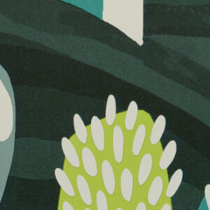 Detail van het Elitis-behang 'Balade en Toscane' TP 321 04 met abstracte plantmotieven in groen, wit en donkere tinten.