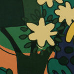 Abstract bloemenpatroon op Elitis behang Broceliande TP 322 04 in heldere, contrasterende kleuren.