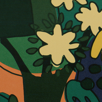 Abstract bloemenpatroon op Elitis behang Broceliande TP 322 04 in heldere, contrasterende kleuren.
