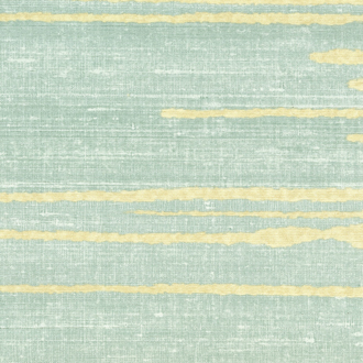 Lichtgroen Elitis behang uit de Kari VP 930 40 collectie met horizontale, goudgele accenten en een linnenstructuur.