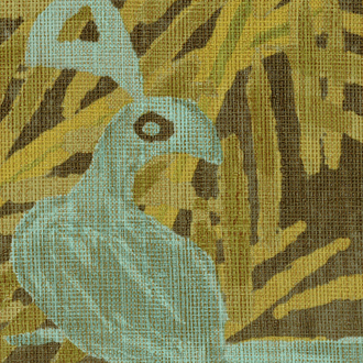 Illustratief Elitis-behang uit de La Californie-collectie met een turquoise papegaai en gele bladeren op een geweven textuur.