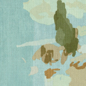 Textuur van Elitis Mediterranee behang VP 924 04 met een abstract patroon in zachte blauw-, groen- en bruintinten.