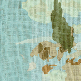 Textuur van Elitis Mediterranee behang VP 924 04 met een abstract patroon in zachte blauw-, groen- en bruintinten.