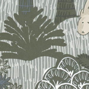 Decoratief Elitis Renard & Co TP 324 01 behang met gestileerde planten en dierfiguren in groene en grijze tinten.