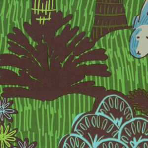 Illustratief patroon van Elitis-behang Renard & Co TP 324 03 met gestileerde planten en dierfiguren in groene, bruine en blauwe tinten.