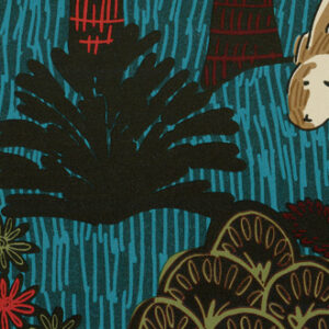 Illustratief patroon van Elitis behang 'Renard & co TP 324 04' met een gestileerd boslandschap en dieren.