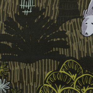 Illustratief Elitis Renard & Co. TP 324 05 behang met gestileerde planten en een witte vos tegen een donker gemêleerde achtergrond.