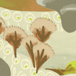 Illustratief detail van het Elitis behang 'Rêves de Manille TP 323 02' met abstracte bloemenmotieven in zachte aardetinten.