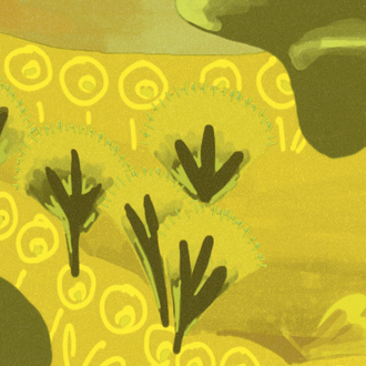 Abstract geelgroen patroon van Elitis behang 'Rêves de Manille' met gestileerde planten en cirkelvormige motieven.