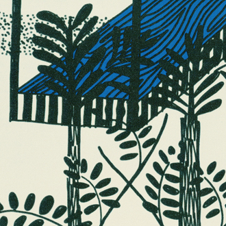 Grafisch patroon van het Elitis behang Siam TP 320 01 met gestileerde planten en een blauw dak.