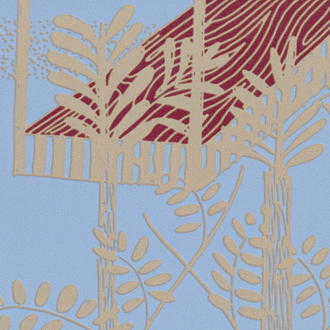 Illustratief behangpatroon uit de Elitis Siam TP 320 03 collectie met abstracte planten en een rood dak op een lichtblauwe achtergrond.