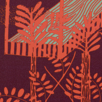 Abstract Elitis-behang Siam TP 320 04 met rode plantenmotieven op een donkerpaarse achtergrond en turquoise lijnen.
