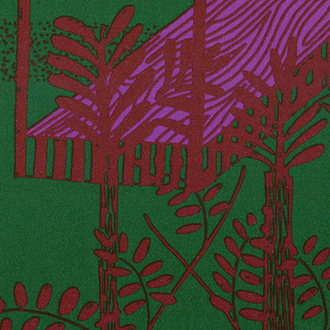 Behang met kleurrijk Elitis Siam TP 320 05-patroon met abstracte bladeren en lijnen in rood, paars en groen.