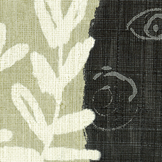 Detail van Elitis behang Ulysse VP 925 01 met abstracte witte bladmotieven en grafische symbolen op een geweven textuur.