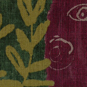 Abstract Elitis-behang uit de Ulysse-collectie met olijfgroene bladvormen op donker groen en paarse achtergrond met getekende symbolen.