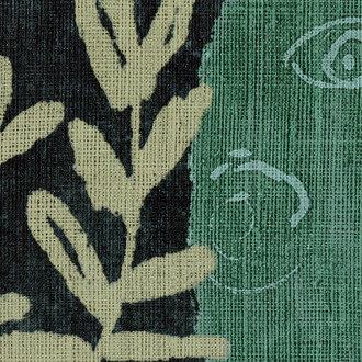 Decoratief Elitis Ulysse VP 925 03 behang met abstracte plantmotieven en getekende symbolen op een geweven groene en zwarte textuur.