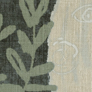 Detail van Elitis behang Ulysse VP 925 04 met grove textuur, botanisch motief en subtiele oogillustraties.