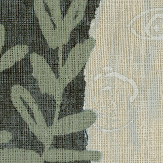 Detail van Elitis behang Ulysse VP 925 04 met grove textuur, botanisch motief en subtiele oogillustraties.