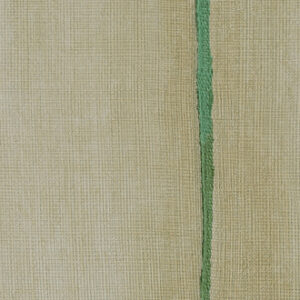 Lichtbeige Elitis Volos VP 921 04 behang met een verticale groene lijn en textuur van geweven stof.