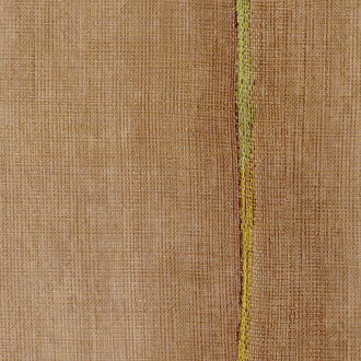 Bruin Elitis Volos VP 921 14 behang met linnenstructuur en een verticale gele accentlijn.