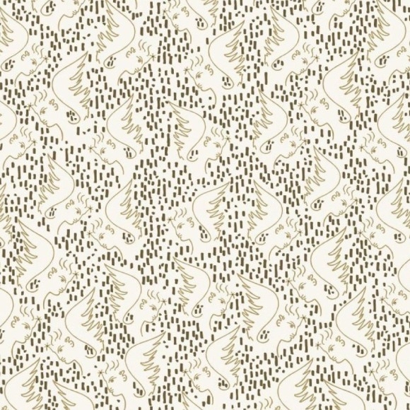 Patroon van Lelievre Cocteau behang met gestileerde engelfiguren en abstracte lijnen in beige en zwart op een lichte achtergrond.