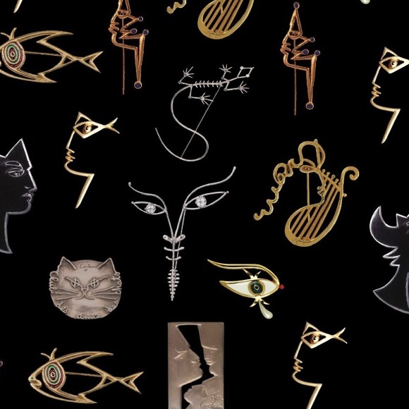 Abstract behangpatroon uit de Lelievre Cocteau Joyaux collectie met surrealistische gezichten, dieren en symbolische vormen op een zwarte achtergrond.