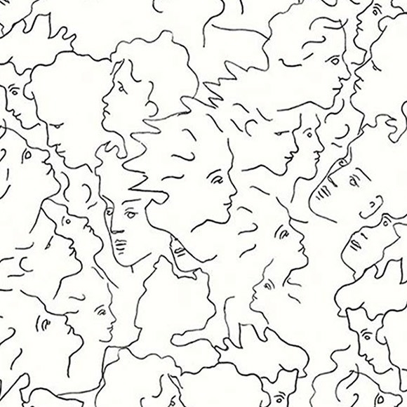 Behangpatroon van Lelievre met zwarte lijntekeningen van gezichten in de stijl van Jean Cocteau.