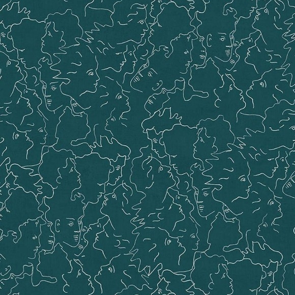 Donkergroen behang met een patroon van witte, lineaire gezichtsprofielen geïnspireerd op Jean Cocteau.