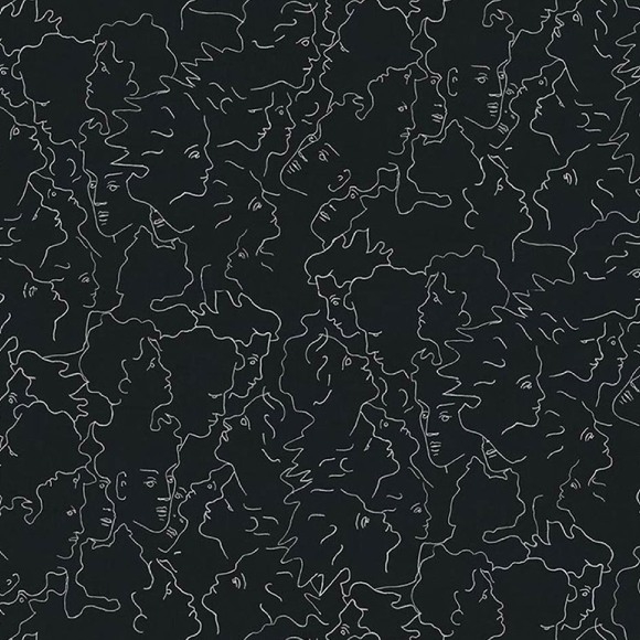 Donker behang met een patroon van abstracte witte lijnafbeeldingen van gezichten, geïnspireerd op Jean Cocteau.