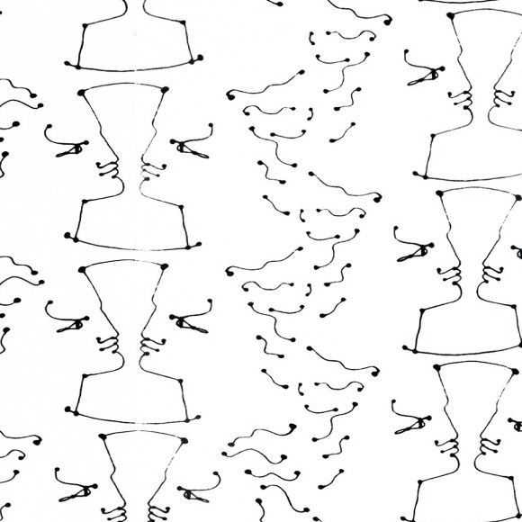 Zwart-wit behangpatroon van Lelievre met abstracte gezichtslijnen geïnspireerd op Cocteau's ontwerp Tête-à-Tête.