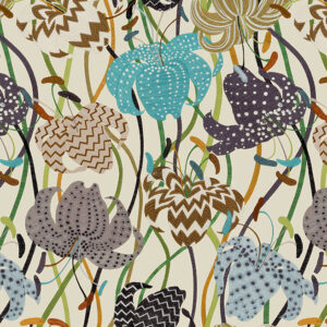 Patroon van kleurrijke, gestileerde lelies in diverse patronen op Missoni behang Lilium 10230.