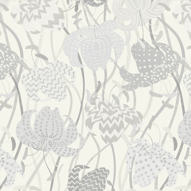 Behang met een patroon van gestileerde lelies in grijstinten uit de Missoni Lilium 10231 collectie.