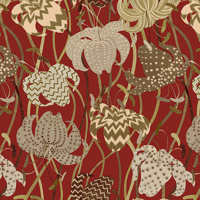 Decoratief Missoni-behang Lilium 10232 met gestileerde bloemen in natuurkleuren op een dieprode achtergrond.