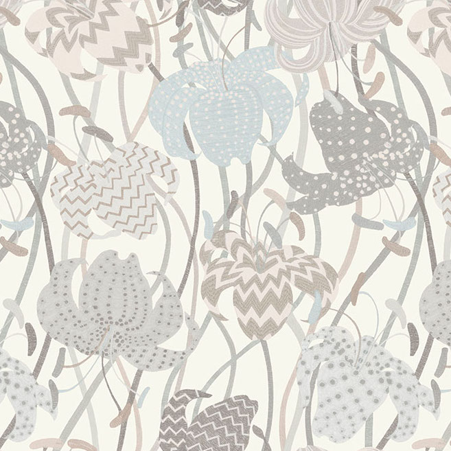 Behang met gestileerde lelies in pastelkleuren en grafische patronen uit de Missoni Lilium 10234 collectie.