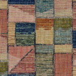 Patchworkbehang van Missoni met een kleurrijk patroon van geweven textuurblokken in aardetinten en pastelkleuren.