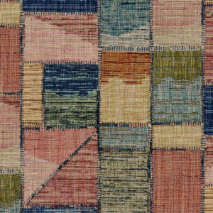 Patchworkbehang van Missoni met een kleurrijk patroon van geweven textuurblokken in aardetinten en pastelkleuren.