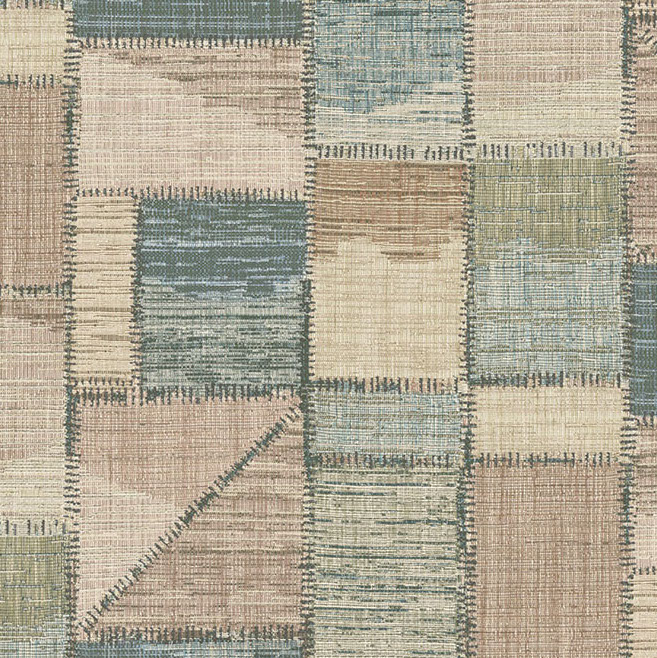 Patchwork behang van Missoni in aardetinten met een geweven textuureffect.