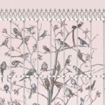 Behangontwerp Fornasetti Senza Tempo Uccelli met kleurrijke vogels op takken achter een sierlijk hekwerk.