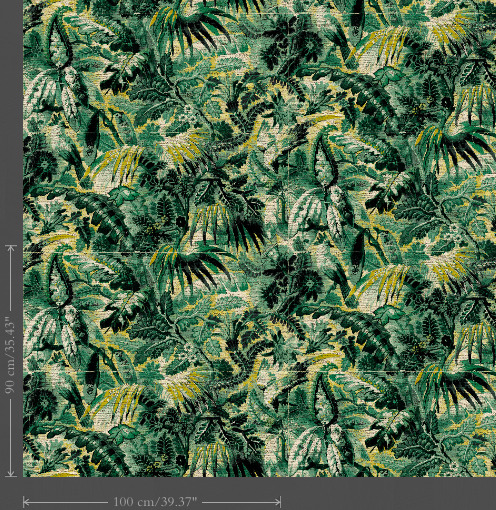 Tropisch behangpatroon met weelderige groene bladeren, palmen en tropische vogels in een dicht oerwoudmotief.