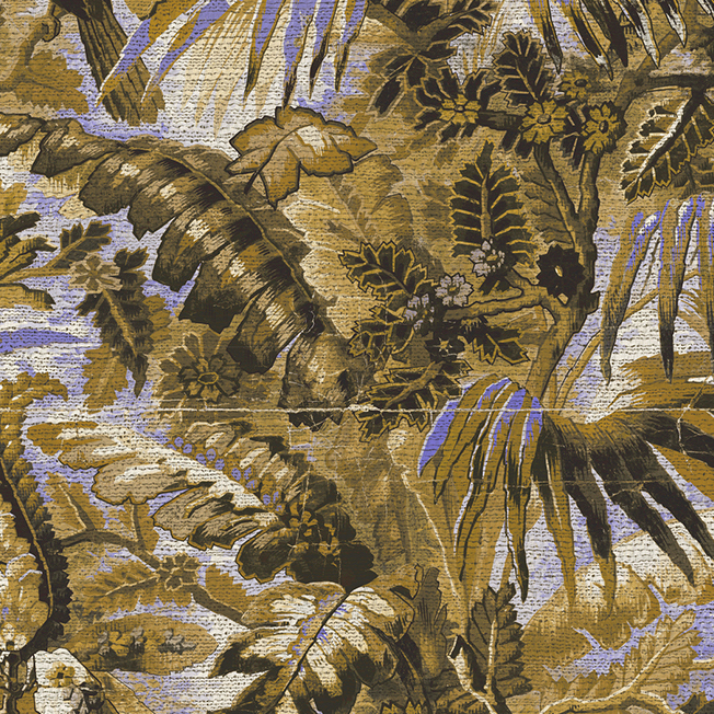 Gedetailleerd tropisch patroon met grote bladeren en bloemen in aardetinten en paars, uit het Buningh Arte Antigua Tropicali behang (33001).