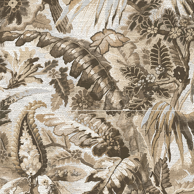 Behang met een tropisch patroon van bladeren en bloemen in bruin- en beigetinten uit de Buningh Arte Antigua Tropicali collectie.
