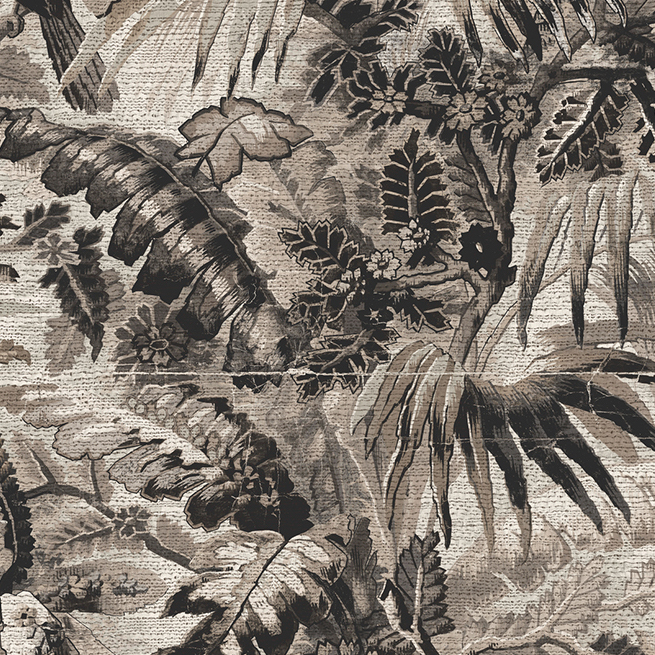Gedetailleerde tropische jungleprint in sepia op het Buningh Arte Antigua Tropicali behang.